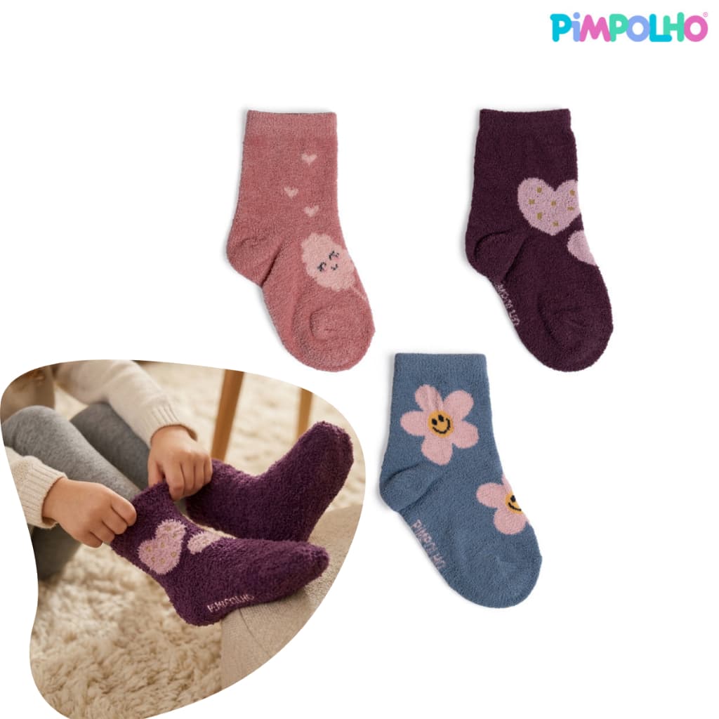 Kit Meia  Felpuda da Pimpolho para Bebe Tam.21-25  Super Quentinha Kit com 3UN de Meias Menina