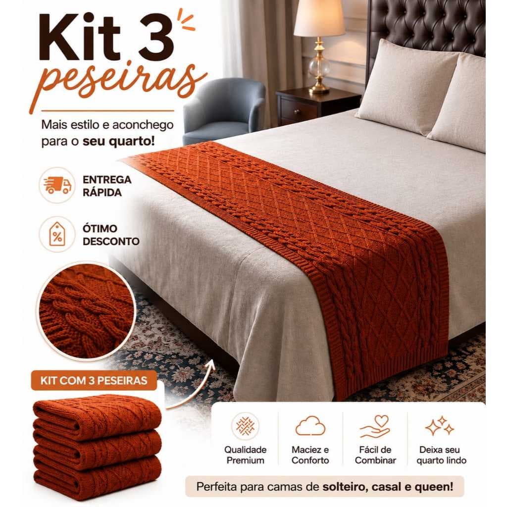 KIT 3 PESEIRA LUXO MANTA TRICOT CAMA CASAL QUEEM KING E SOFA LUXO
