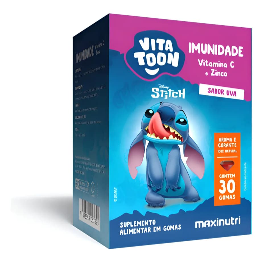 Vitatoon Stitch Imunidade Vitamina C e Zinco Sabor Uva 30 Gomas - Maxinutri
