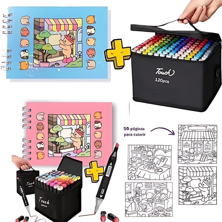Kit Livro De Colorir Capa Dura 50 Páginas + 24/36/60/80/100/120 Cores Caneta Marcadora Ponta Dupla