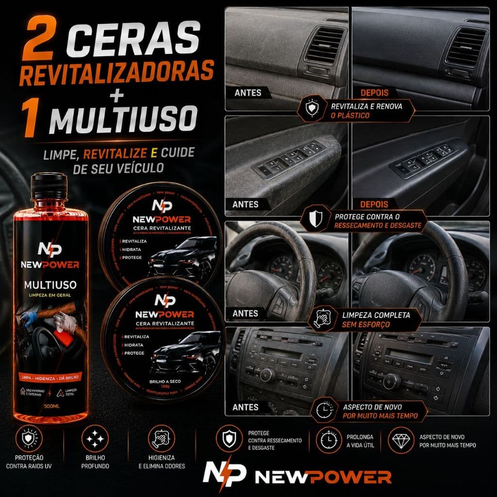 Kit Limpeza e Revitalização Automotiva New Power Multiuso e Cera Revitalizadora de Plásticos