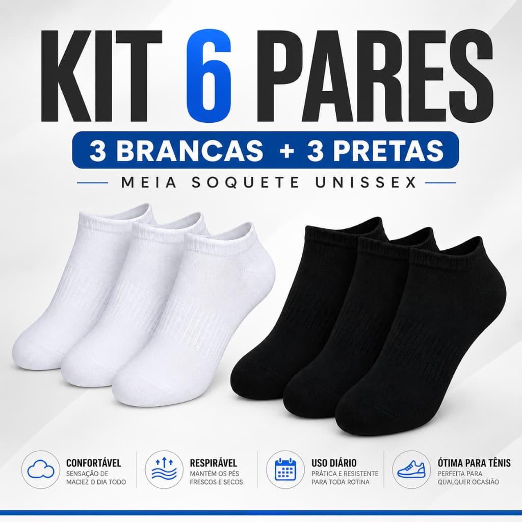 Kit 6 Pares Meia Invisível Soquete Cano Baixo Unissex Branca Preta Respirável Confortável