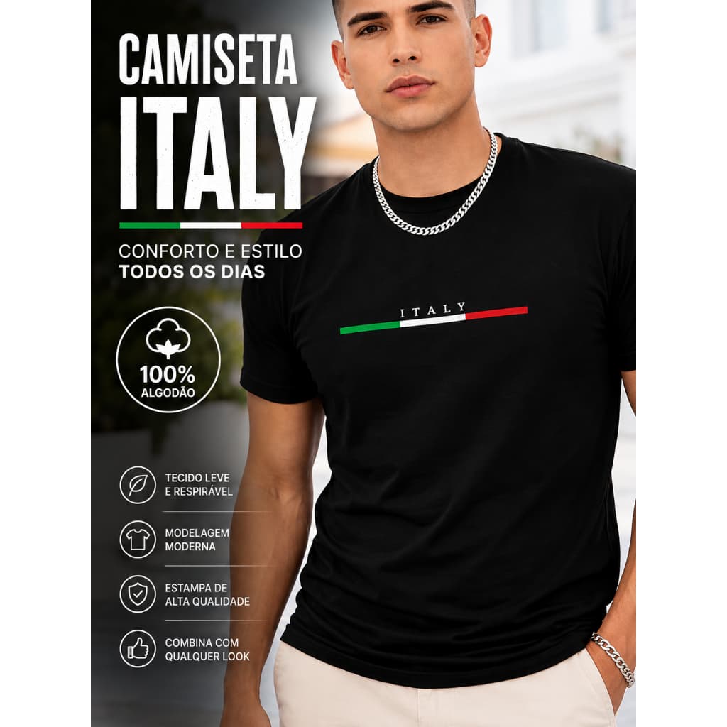 Camiseta Masculina Estampada Italy 100% Algodão Tecido 30.1 Envio Rápido