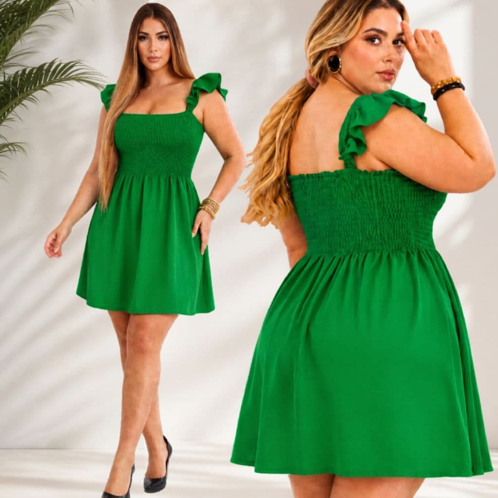 Vestido Plus Size Lastex no Busto Curto Rodado Elegante Feminino Casual Decote Reto Confortável Chic Moderno.