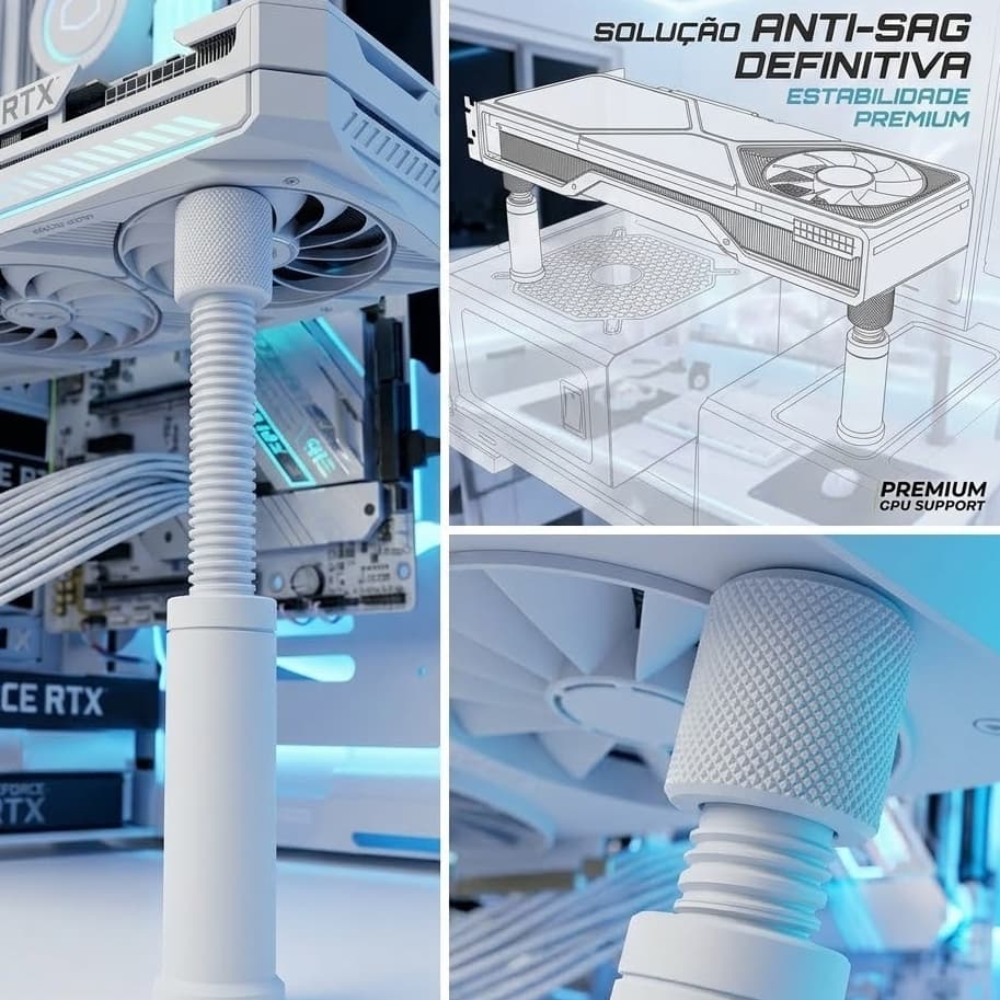 Suporte para Placa de Vídeo GPU Branco Ajustável para Pc Gmaer Nvidia e Radeon Universal e Exclusivo