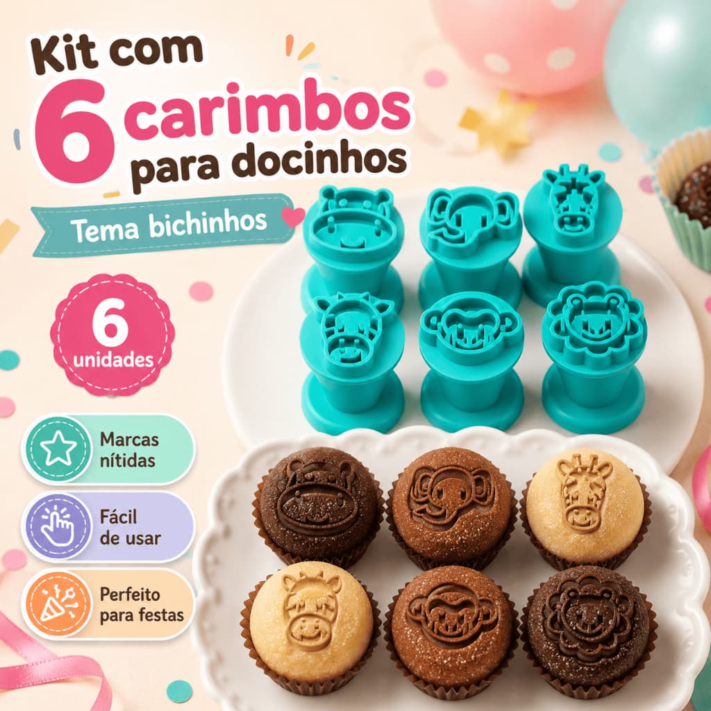 Kit 6 Carimbos Para Docinhos Tema Bichinhos Safari Brigadeiro Festa Infantil