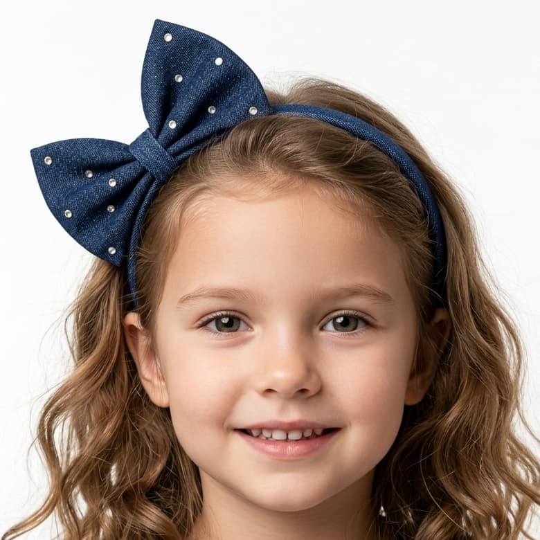 Tiara de Cabelo Infantil Menina Laço Estruturado Strass Jeans Azul Arco Coberto Atemporal