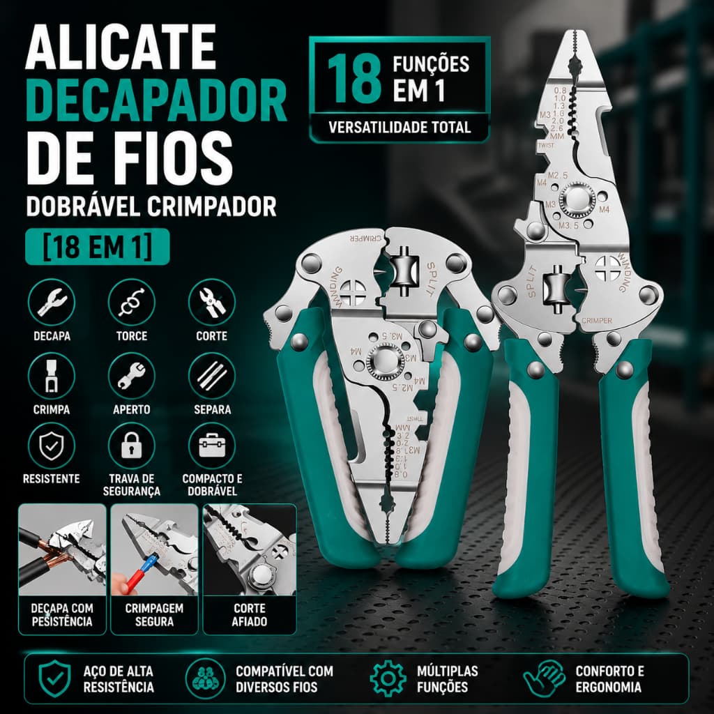 Alicate Decapador De Fios Multifuncional Em Aço Inoxidável 18 Em 1 Profissional