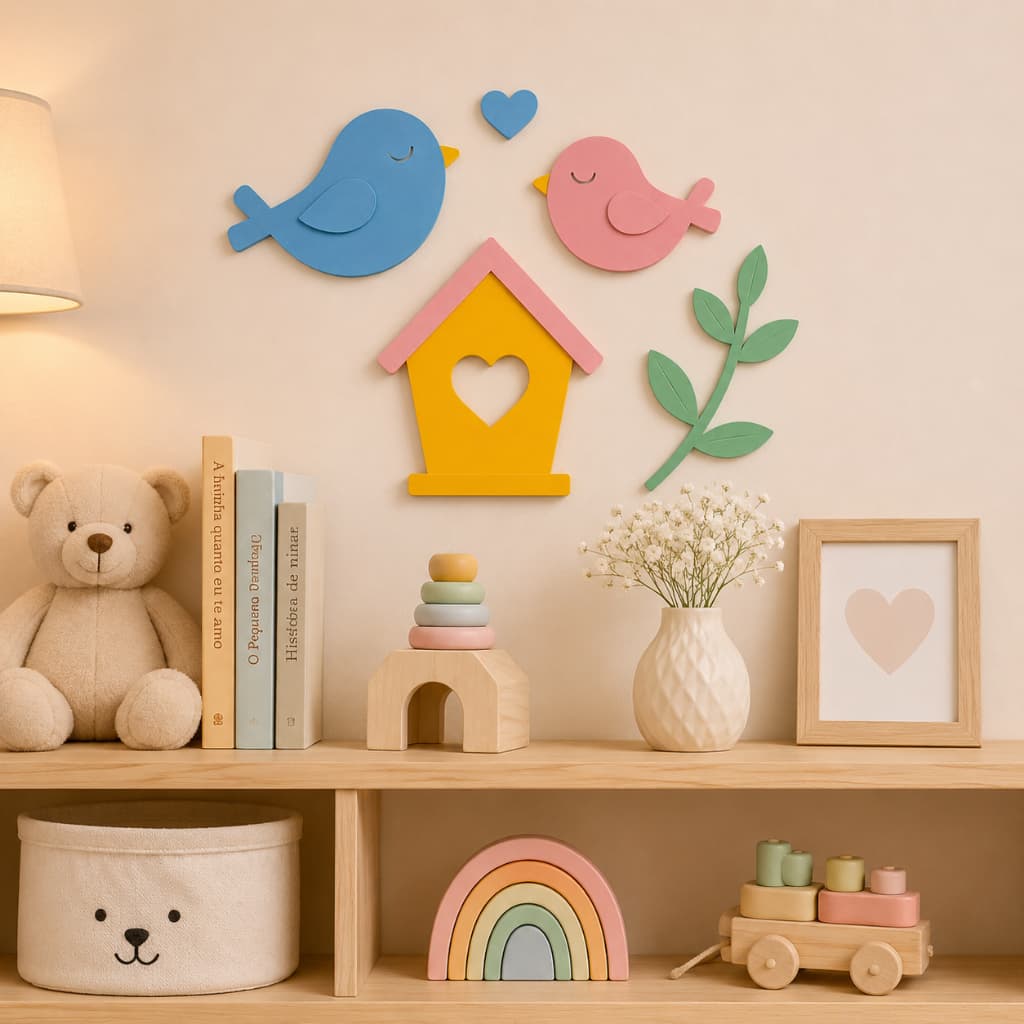 Decoração Infantil para Quarto de Bebê | Kit Passarinhos Casinha e Folhas 3D