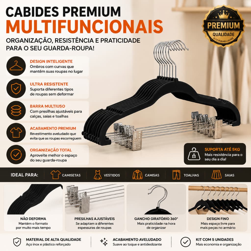 Kit 5 Cabides com Presilhas Slim Veludo Preto Antideslizantes Suporte Roupa Saia