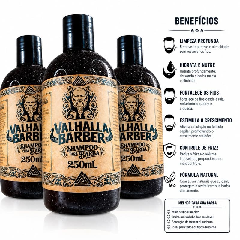 Kit 3 Shampoo Para Barba Viking Valhalla Barber 250ml - Limpeza Profunda e Hidratação