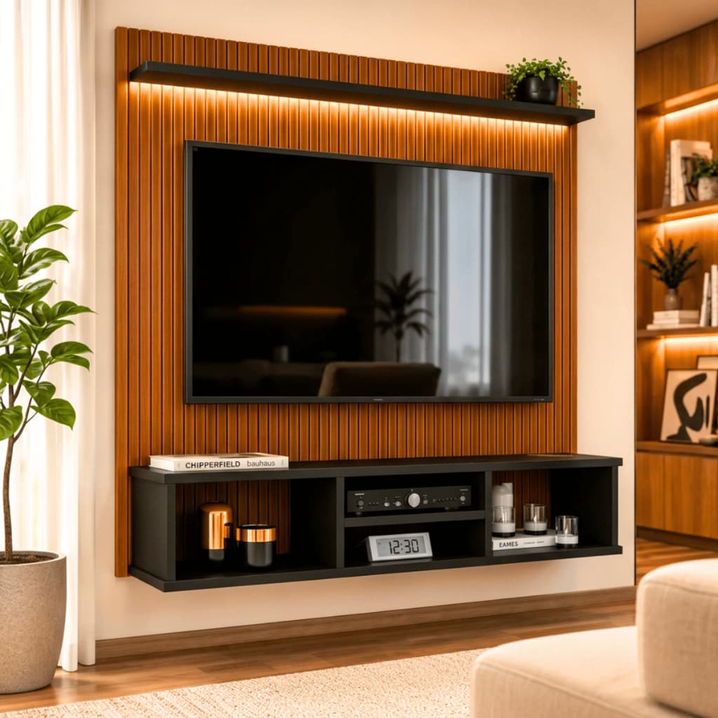 Painel Ripado para TV até 50 Polegadas com Nichos Organizadores e Prateleira Moderno Decorativo