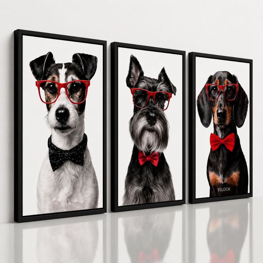 Kit 3 Quadros Cachorros Decorativos Modernos Moldurados Pet Sala Quarto Escritório