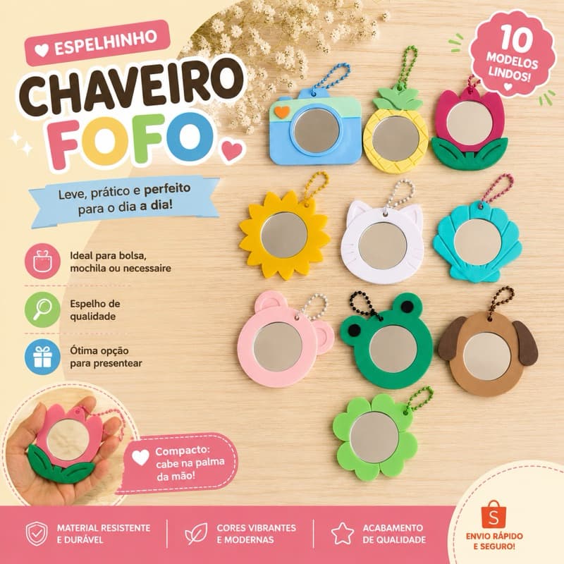 Espelho Chaveiro Portátil Cute Mini Espelho com Corrente Diversos Modelos espelhinho lembrança flor cachorro urso