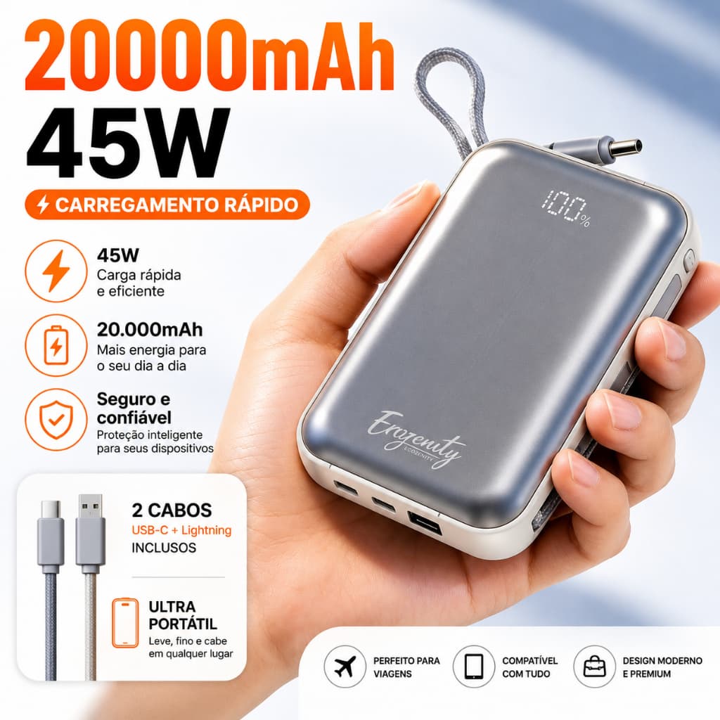 Carregador Portátil 20000mAh 65W, Bateria p/ Viagem, Power Bank 45W/22.5W, USB-C, Carregamento Rápido Celular/Notebook