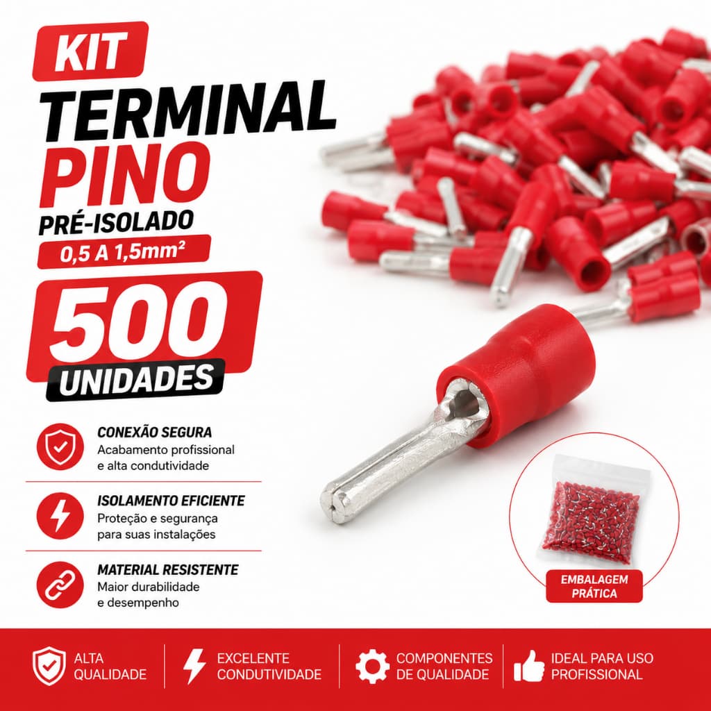 Kit 500 Terminal Pino Pre Isolado 0,5 a 1,5mm Curto Vermelho