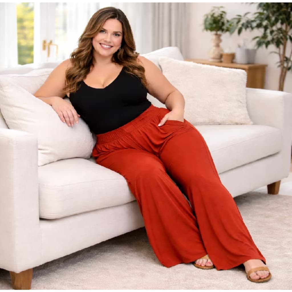 Calça Pantalona Feminina Plus Size Com Bolso Cintura Elástica G1 G2 G3