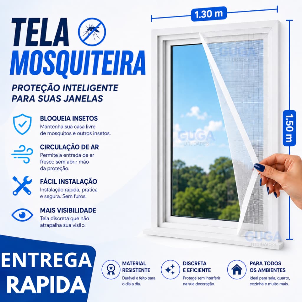 Telas De Mosquitos Para Janelas, Tela Mosquiteira Adesiva 1,30x1,50m, Fácil Instalação e Remoção + Fita De Velcro