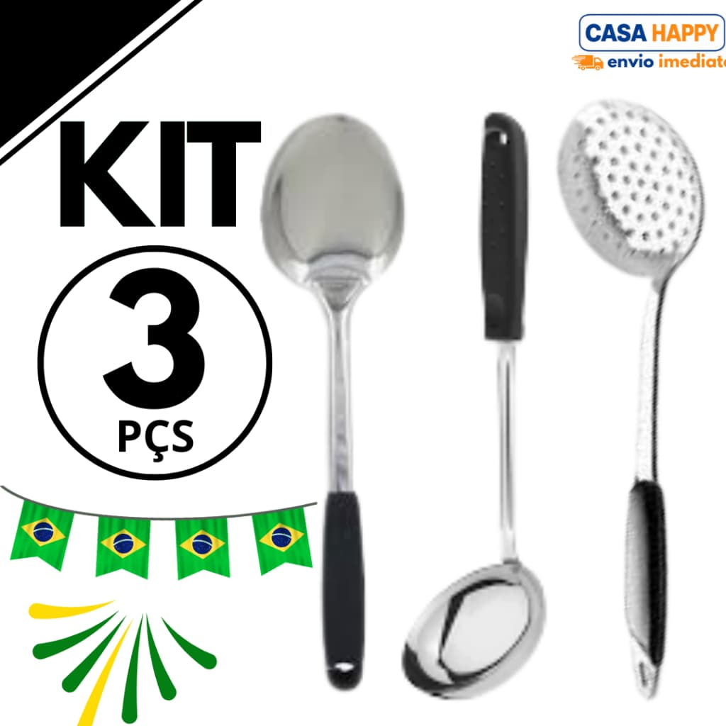 Kit Concha Escumadeira Colher de Arroz Inox 31 cm Cabo Longo Reforçado 3 ou 6 Peças Utensílios de Cozinha Premium