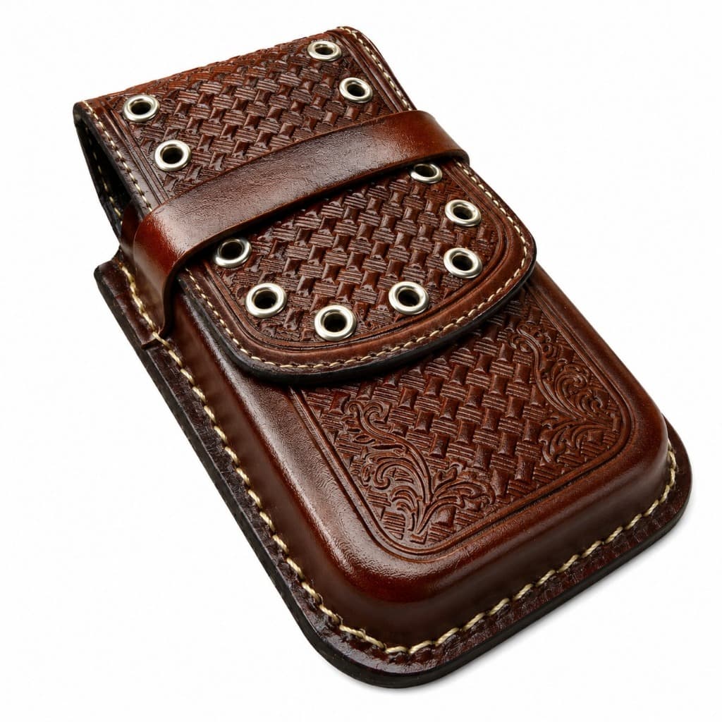 Capa Para Celular Couro Legítimo Forrada Bordada Com Lhós (Castor)