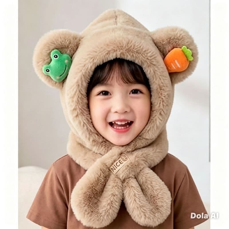 Touca Infantil Ursinho Peluciada de Inverno com Cachecol Integrado Quentinha e Fofa