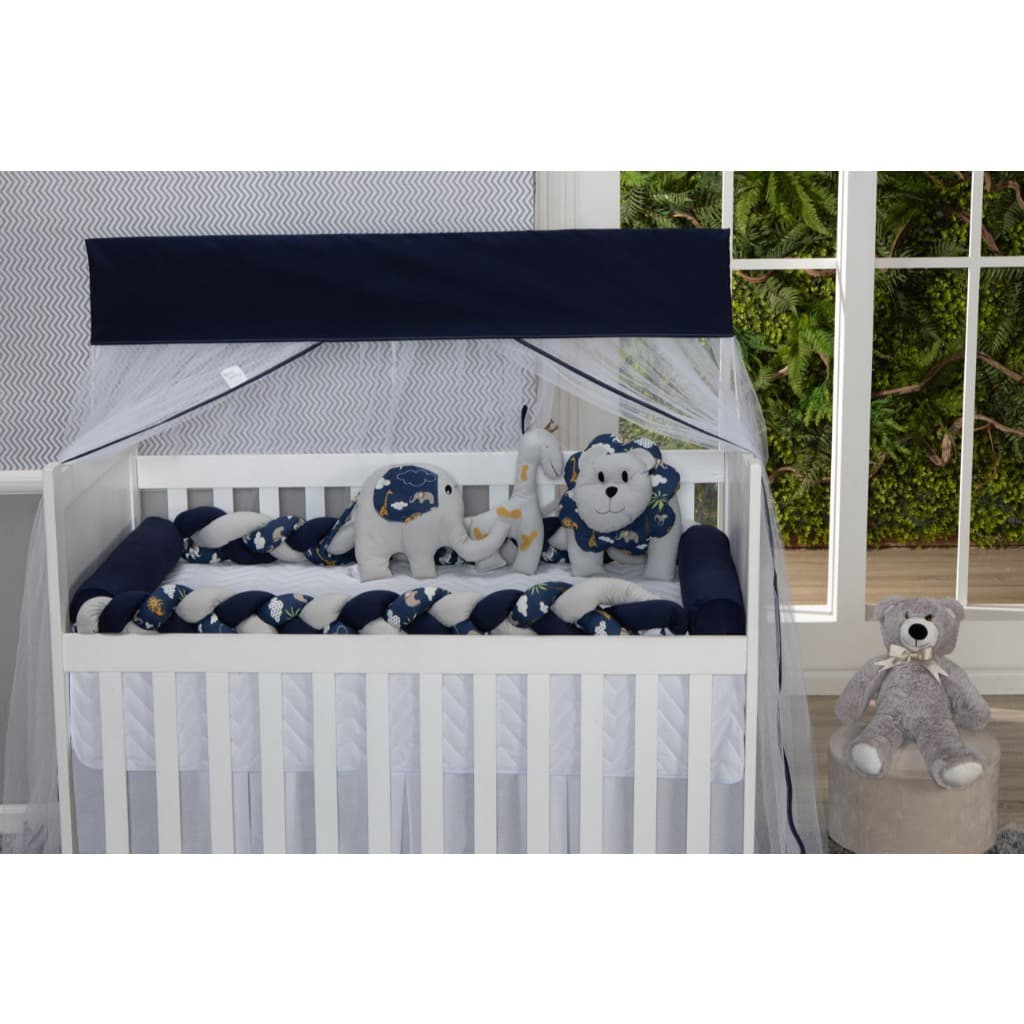 Kit Protetor de Berço Trança Bichinhos Safari Marinho 11 Pçs 100% Algodão Girafa Leão Elefante