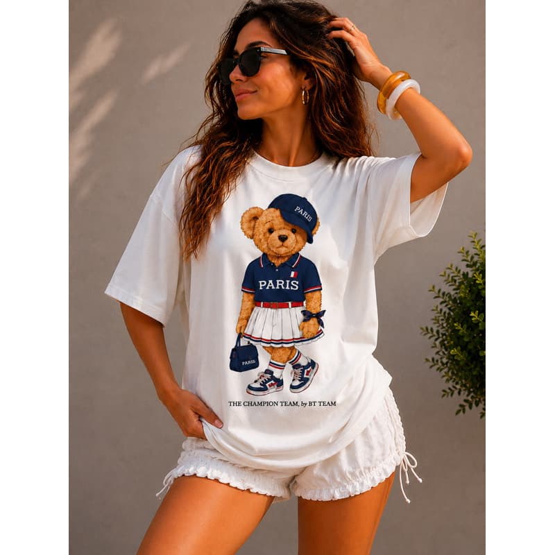 Camiseta Feminina Oversized Ursinho Paris Estampada Moda Casual Premium