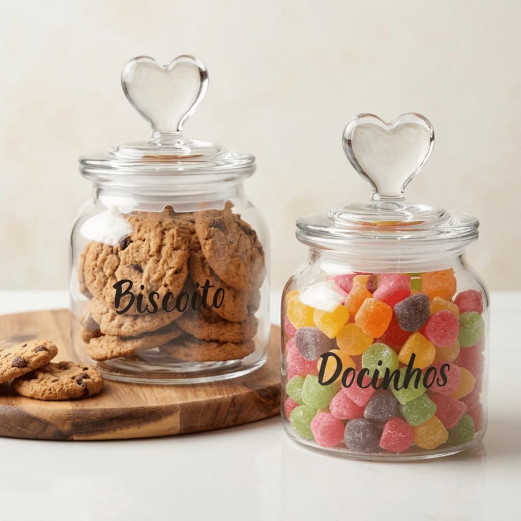 Kit Com 2 Potes de Vidro Hermético Tampa Coração 650 ml Mantimentos Decorativo Elegante Bomboniere