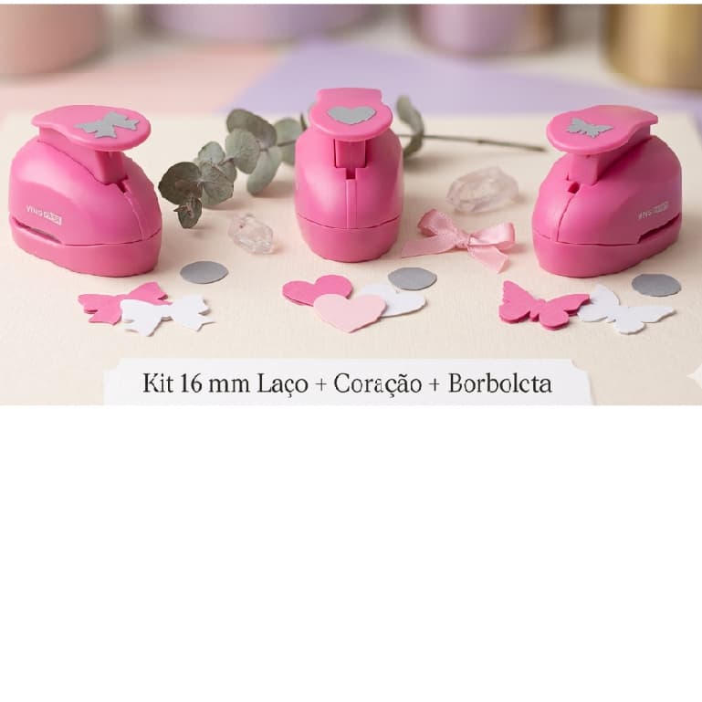 Kit Rosa 3 Furador Cortador Eva E Papel De 16mm - Laço + Coração + Borboleta