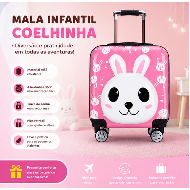 Mala Infantil Coelhinha ABS Rígida Com Rodinhas 360° Viagem