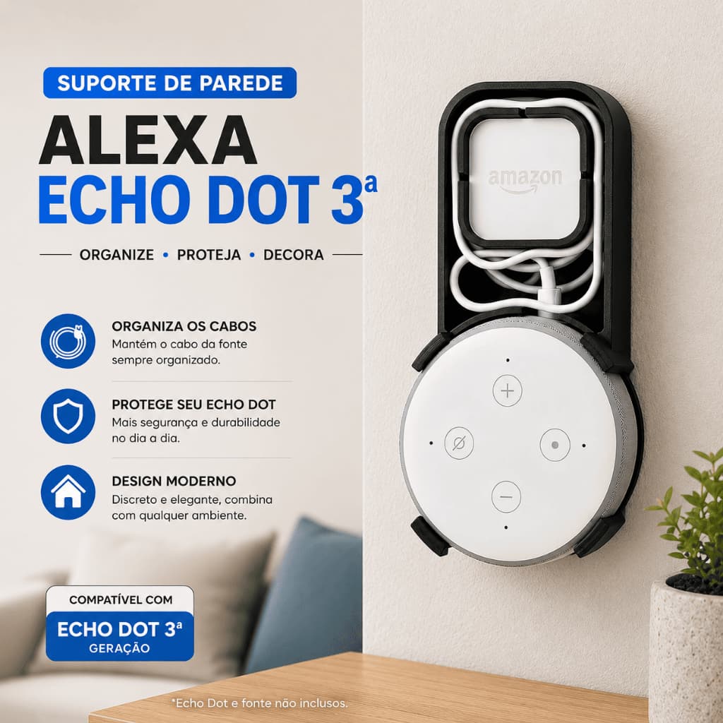 Suporte de Tomada Para Alexa Echo Dot 3ª Geração Organizador de Cabos Sem Furar