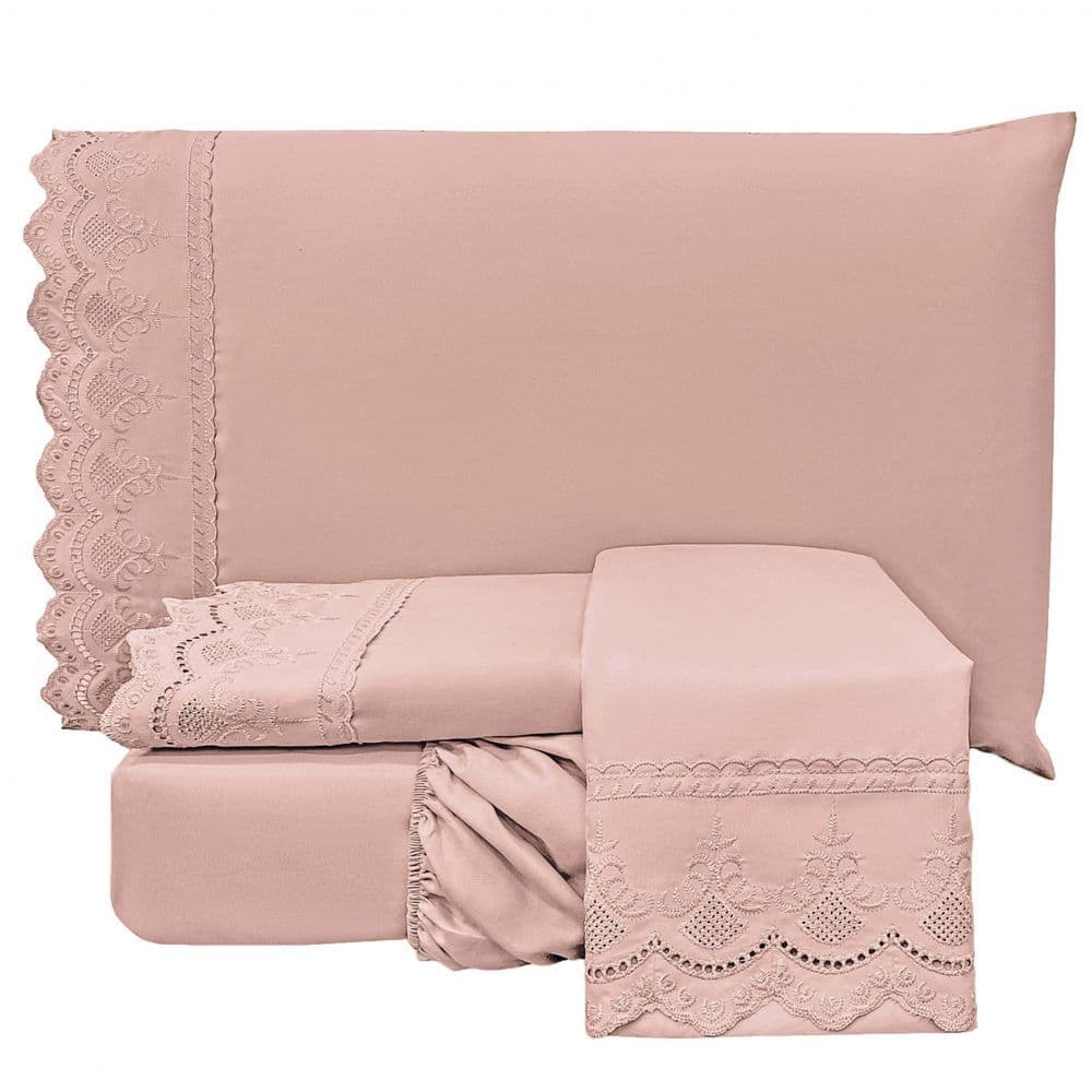 Jogo Lençol 04 Peças Bordado Inglês Percal 300 Fios Lauren