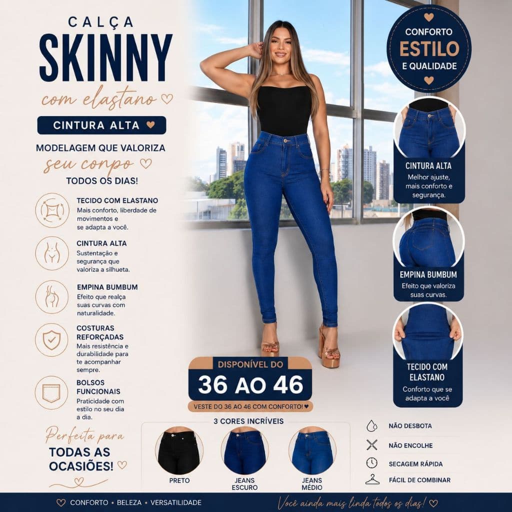 Calça Jeans Skinny Feminina Cintura Alta com Elastano Levanta Bumbum