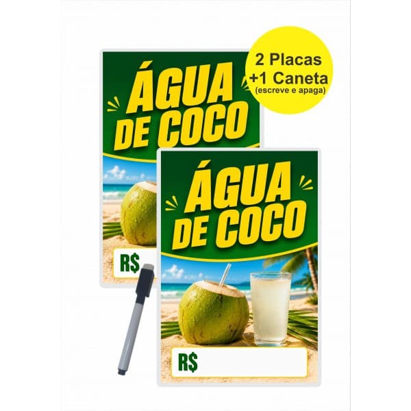 Placa Preço Água de Coco Gelado Kit 2 Placas Reutilizável Feira Quitanda Apagável 29x20 cm