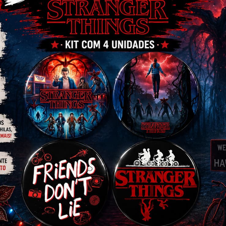 Kit 4 Botton Stranger Things - Botum Boton Broche  Presente Mochila Bolsa Escolar Viajem