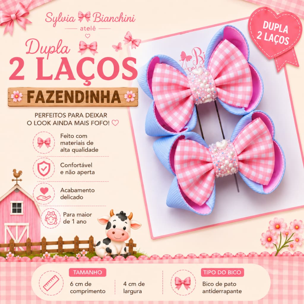 Kit 2 Laços Fazendinha Infantil Menina | Bico de Pato Antiderrapante Luxo