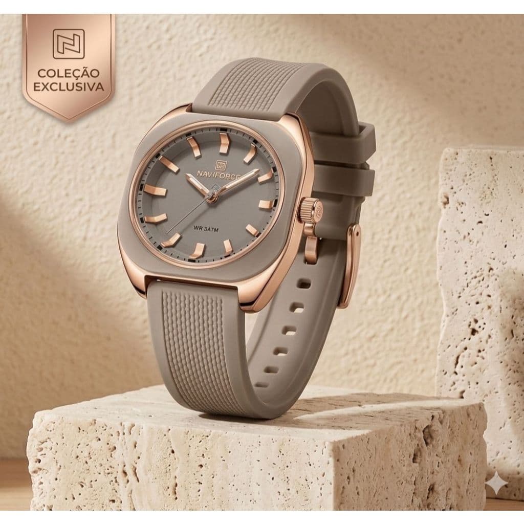 Relógio Feminino Naviforce Original Quadrado Bege Silicone Luxo Prova D'água NF5061 Elegante Casual Moderno Premium