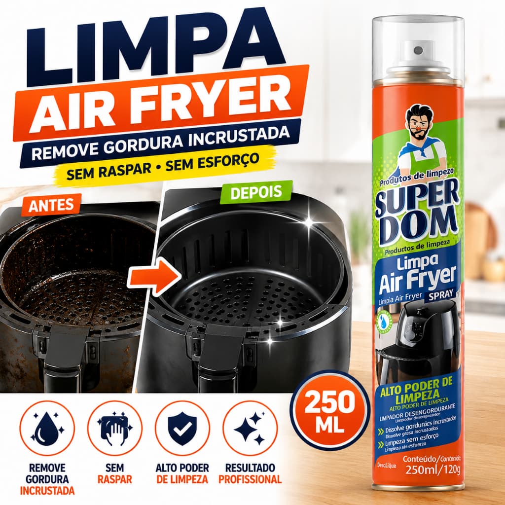 Desengordurante Spray Limpa Air Fryer Super Dom 250ml Remove Gordura Incrustada Sem Esfregar