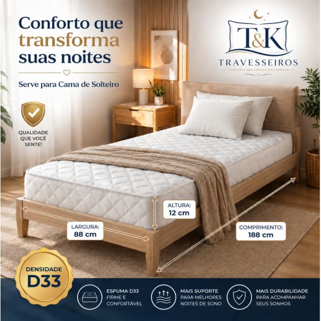 Colchão 100% Espuma Solteiro D33 Ortopédico 88x188X12cm Durável Acabamento BORDADO