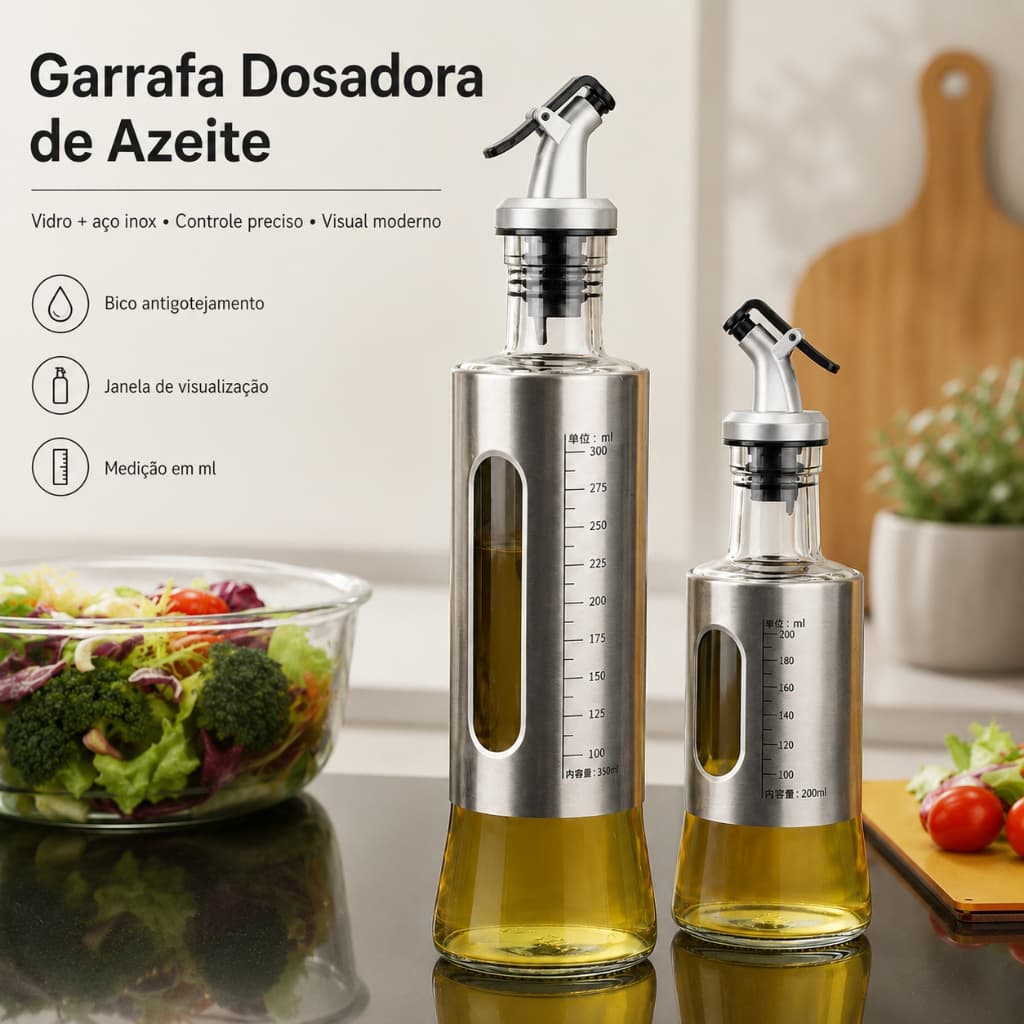 Galheteiros Porta Azeite Vinagre Vidro e Aço Inox com Dosador 300ML Garrafa Armazenamento de Cozinha