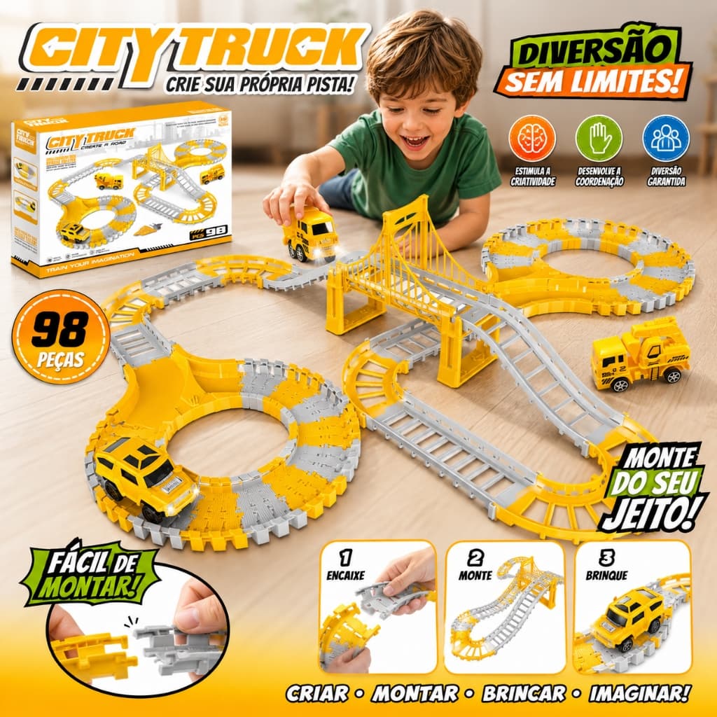 Pista Flexível de Construção com Caminhão Brinquedo Infantil Educativo 98 Peças