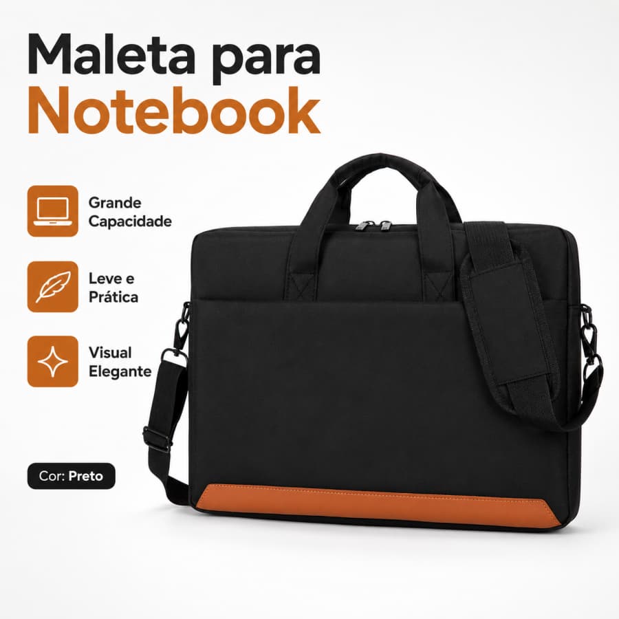 Maleta para Notebook 15,6" Preta em Tecido Oxford, Grande Capacidade com Alça de Mão e Tiracolo