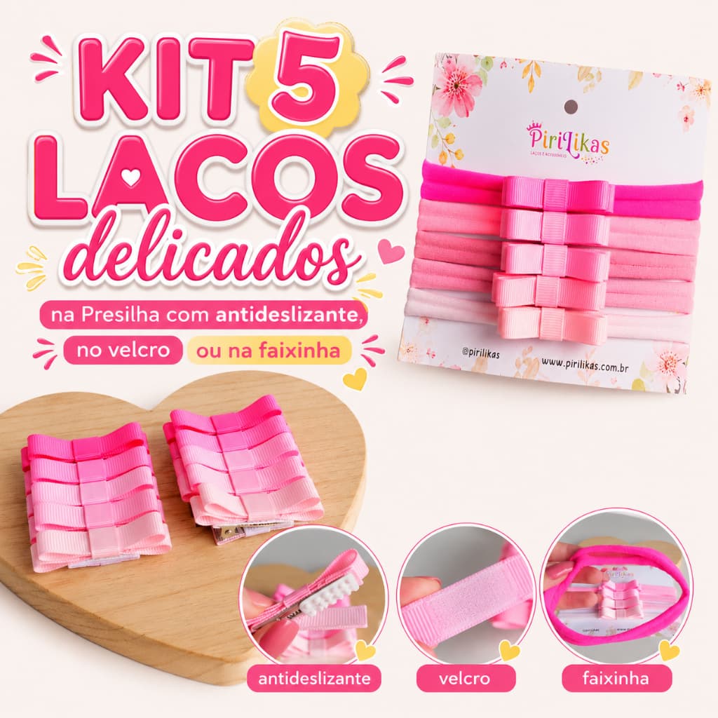 Ki 5 Laços Delicados Infantil para Menina Saída Maternidade com Velcro e Presilha com Antideslizante