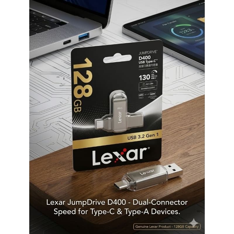 Pen Drive Lexar D400 Dual Drive 128GB USB-C e USB-A Preto
