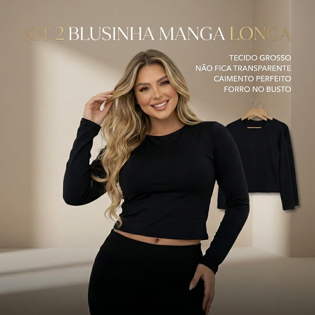KIT 2 Blusinha Feminina Blusa Manga Longa Suplex Premium Gola Com Forro No Busto Moda Blogueira