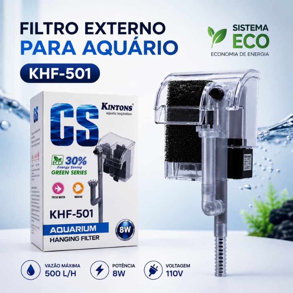 FILTRO EXTERNO HANG - ON PARA AQUÁRIO KINTONS KHF-501- 500 Litros/H - 110V SKIMMER SUPERFÍCIE.