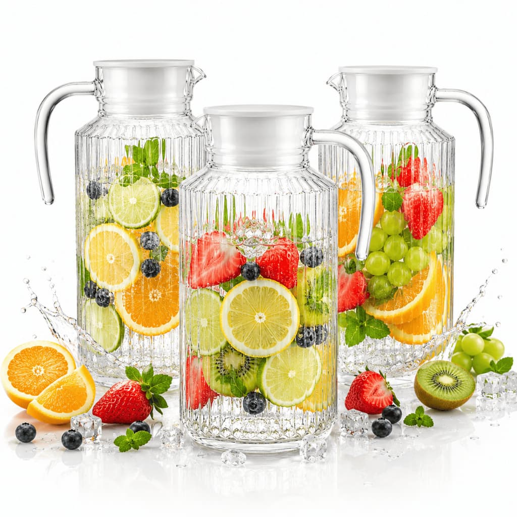 Jarra De Vidro Canelada Suco Agua Com Tampa Alça Resistente Para Suco Kit com 3 uni 1,8 Litros