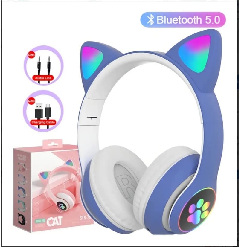 Fone De Ouvido Bluetooth Orelha Gatinho Infantil Led Sem Fio Cor Azul