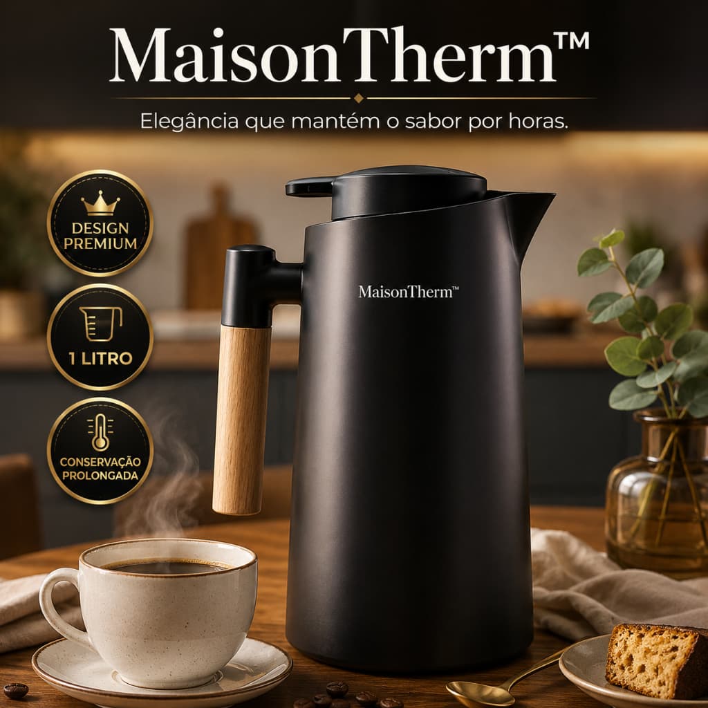 Garrafa Térmica 1L MaisonTherm™ Isolante Quente e Frio Cabo Madeira Premium