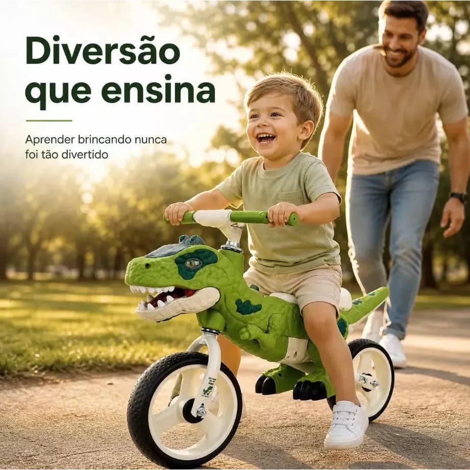 Bicicleta Bike Infantil Aro Doze Tema Dinossauro  Dino T-Rex Verde Luz Som  Sem Pedal  Seguro